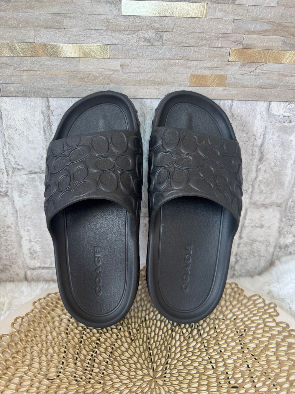 Coach Black Embossed Signature Slide Sandals